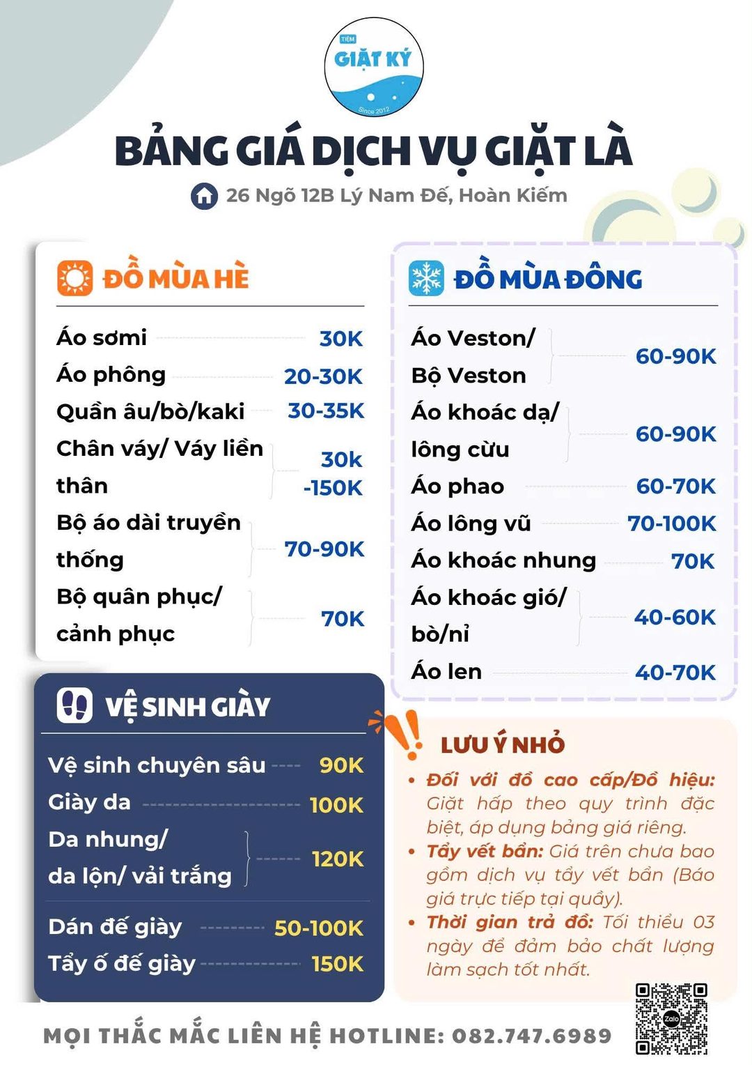Bảng giá dịch vụ giặt là Tiệm Giặt Ký